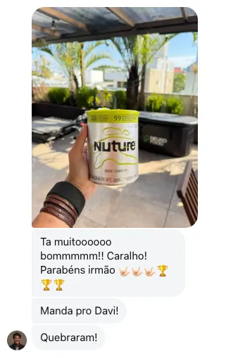 Print de conversa — @guga.marion elogiando o novo sabor do Nuture V5.5