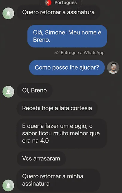 Print de conversa — Simone Rocha pedindo para reativar assinatura